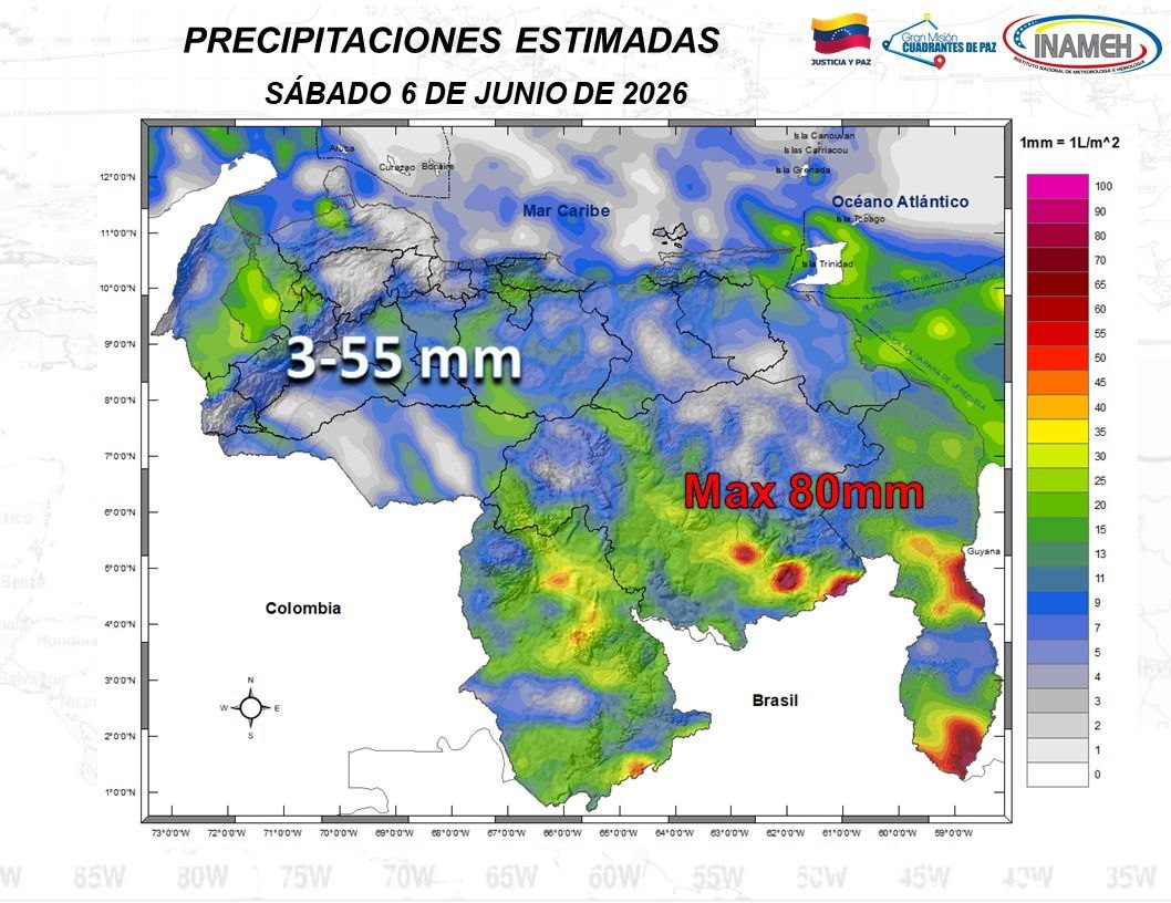 Inameh alerta sobre lluvias y actividad eléctrica en varias regiones de Venezuela este 6 de junio